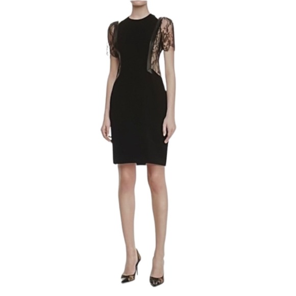 JASON WU Black Lace Sleeve/Panel With Leather Trim Cocktail Dress Size 2